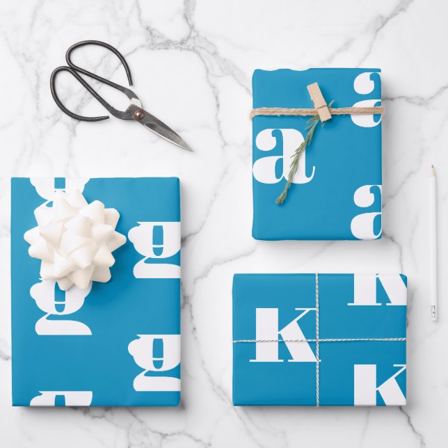 Modern monogram light blue white custom initial wrapping paper sheet (Front)