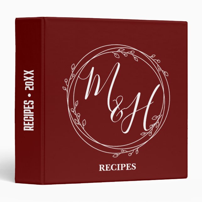 Modern Monogram Line Art Wreath Recipe Binder (Front/Spine)