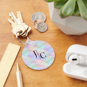 Modern Monogram Logo Iridescent Opal Stylish Keychain