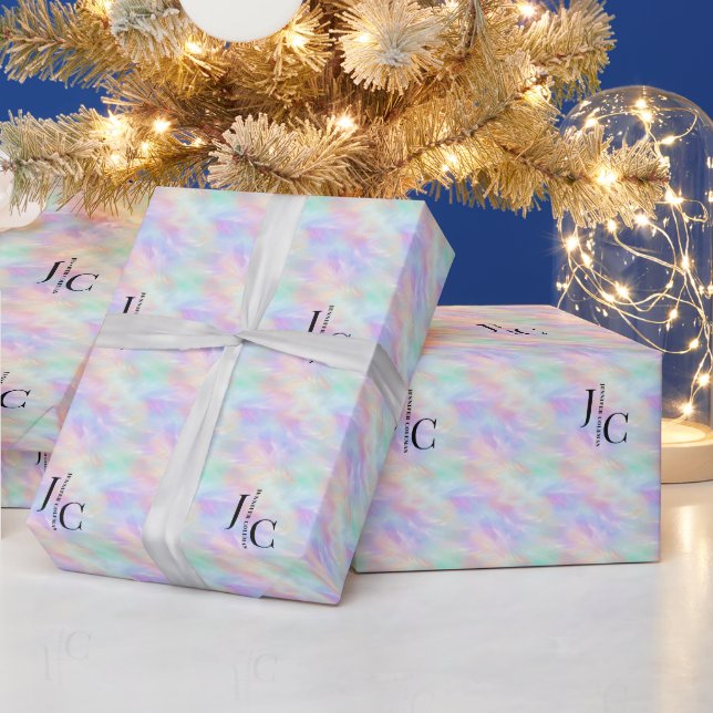 Modern Monogram Logo Iridescent Opal Stylish Wrapping Paper (Holidays)