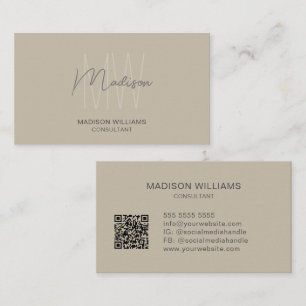 Modern Monogram Logo QR Code Beige Consultant Business Card