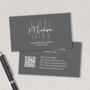 Modern Monogram Logo QR Code Grey Consultant Business Card