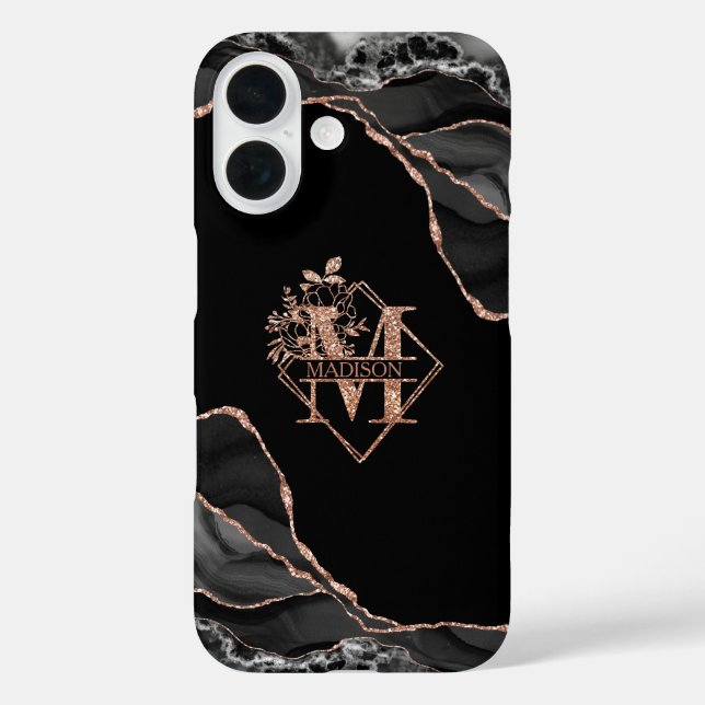 Modern Monogram M Black Agate Marble Rose Gold  Case-Mate iPhone Case (Back)