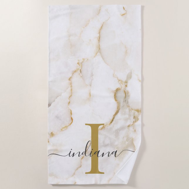 Modern Monogram Marble Pattern Personalized Beach Towel (Front)