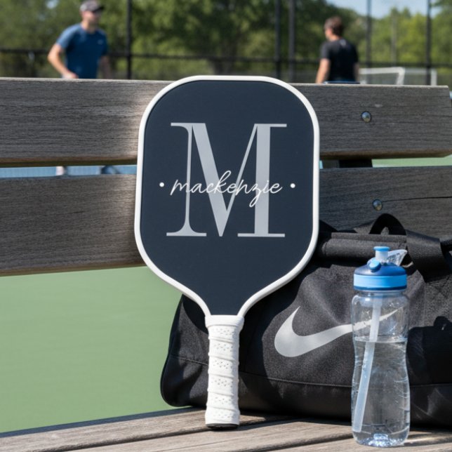 Modern Monogram Minimal Black White Pickleball Paddle (Creator Uploaded)