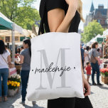 Modern Monogram Minimal Black White Tote Bag<br><div class="desc">Add a touch of modern elegance to your routine with this personalized monogram design featuring a large initial and name in script. Perfect for yourself or as a thoughtful custom gift. Created by Simply Farmhouse Press.</div>
