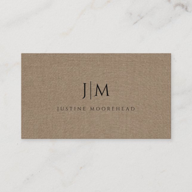 Modern Monogram Minimalist Brown Linen Effect Business Card (Front)