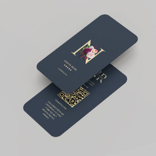 Modern Monogram N Floral Dark Blue Gold Business Card