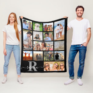 Modern Monogram Name 14 Photo Collage Custom Colou Fleece Blanket