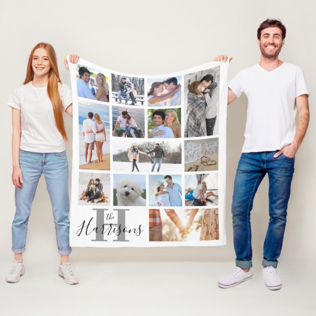 Modern Monogram Name 14 Photo Collage White Fleece (In Situ)