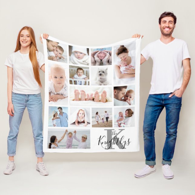 Modern Monogram Name 14 Photo Collage White Fleece Blanket (In Situ)