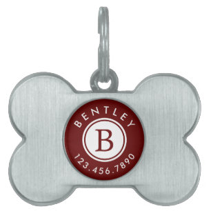 Modern Monogram Name and Phone Number   Burgundy Pet ID Tag
