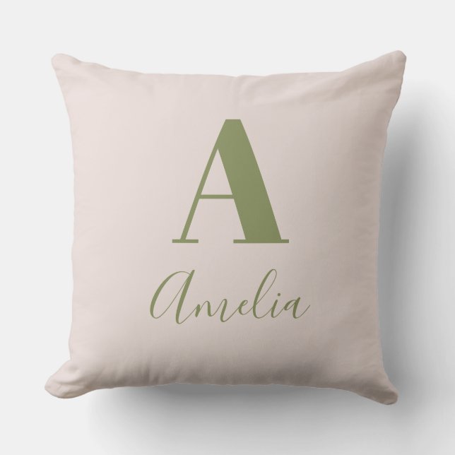 Modern Monogram Name Beige Sage Green Throw Pillow (Front)
