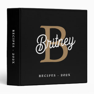 Modern Monogram Name  Black Gold Script Recipes Binder
