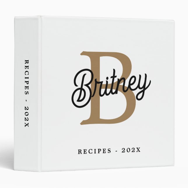 Modern Monogram Name  Black Gold Script Recipes Binder (Front/Spine)