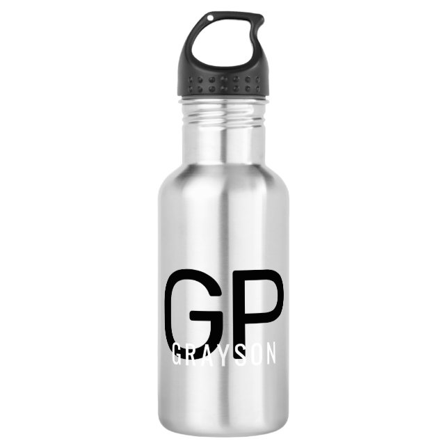 Modern Monogram Name Black & Grey Personalized 710 Ml Water Bottle (Front)