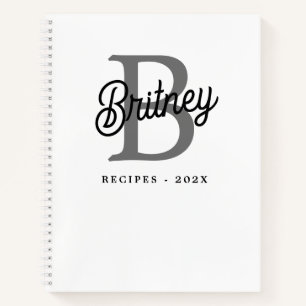 Modern Monogram Name Black Grey Script Recipe Notebook