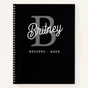 Modern Monogram Name Black Grey Script Recipe Notebook
