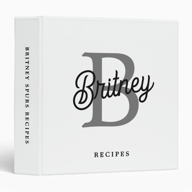 Modern  Monogram Name  Black Grey Script Recipes Binder (Front/Spine)