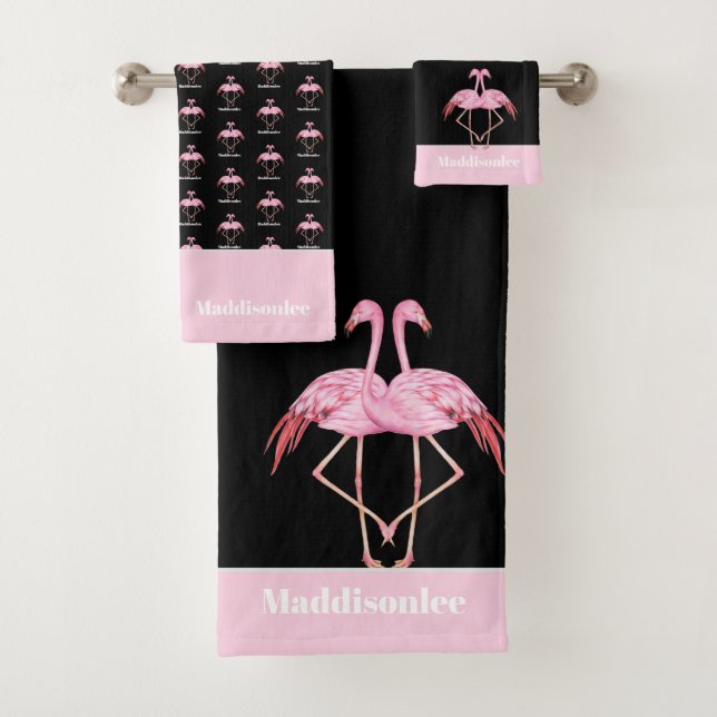 Modern Monogram Name Black Pink Flamingo Bath Towe Bath Towel Set (Insitu)