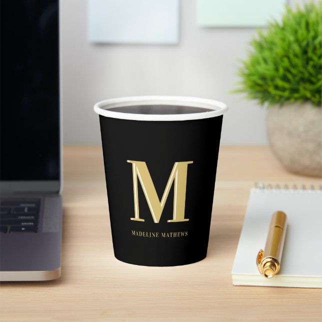 Modern monogram name bold typography gold black paper cups (Insitu)