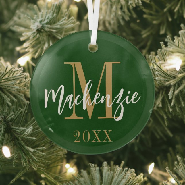 Modern Monogram Name Custom Colour Keepsake Glass Ornament (Insitu)