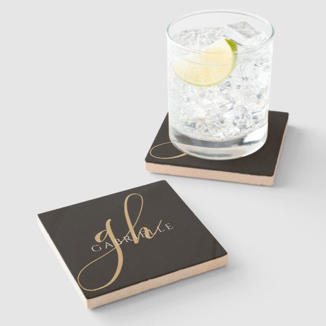 Modern Monogram Name Elegant Script Black Gold Stone Coaster (Side)