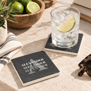 Modern Monogram Name Grey Black Stone Coaster