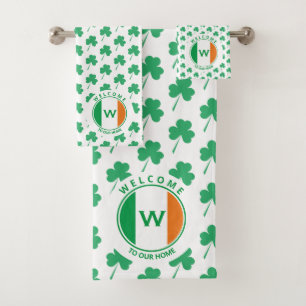 Modern Monogram Name Irish Flag Shamrock Bath Towel Set