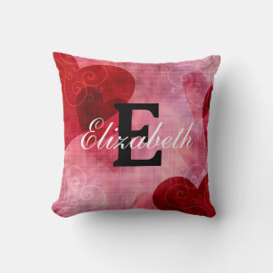 Modern Monogram Name on Red Pink White Hearts Lar Throw Pillow
