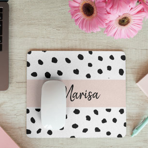 Modern Monogram Name   Pastel Pink & Black Dots Mouse Pad