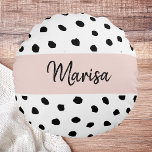 Modern Monogram Name | Pastel Pink & Black Dots Round Pillow<br><div class="desc">Modern Monogram Name | Pastel Pink & Black Dots</div>