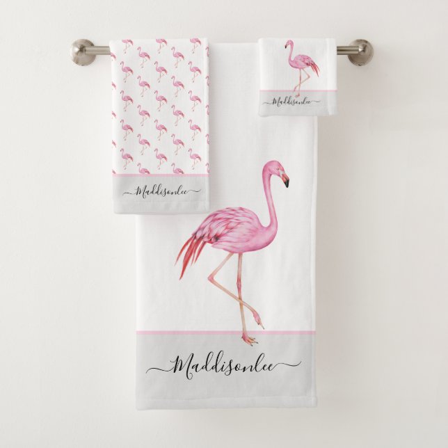 Modern  Monogram Name Pink Flamingo Grey Bath Towel Set (Insitu)