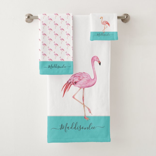 Modern  Monogram Name Pink Flamingo Teal Aqua Blue Bath Towel Set (Insitu)