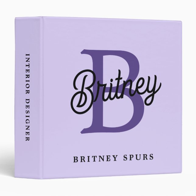 Modern Monogram Name Purple Black Script Office Binder (Front/Spine)