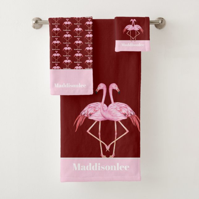 Modern Monogram Name Red Pink Flamingo Bathroom Bath Towel Set (Insitu)