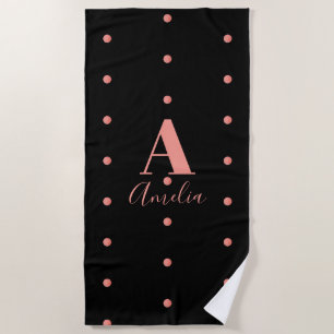 Modern Monogram Name Rose Gold Black Polka Dots Beach Towel
