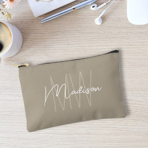 Modern Monogram Name Script Beige Accessory Pouch