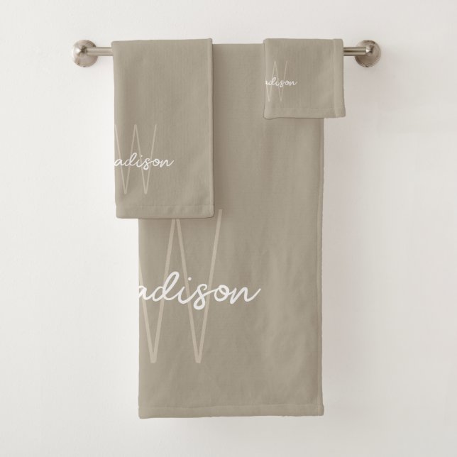 Modern Monogram Name Script Beige Bath Towel Set (Insitu)