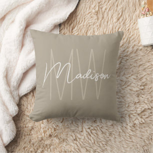 Modern Monogram Name Script Beige Throw Pillow