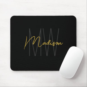 Modern Monogram Name Script Black Gold Mouse Pad