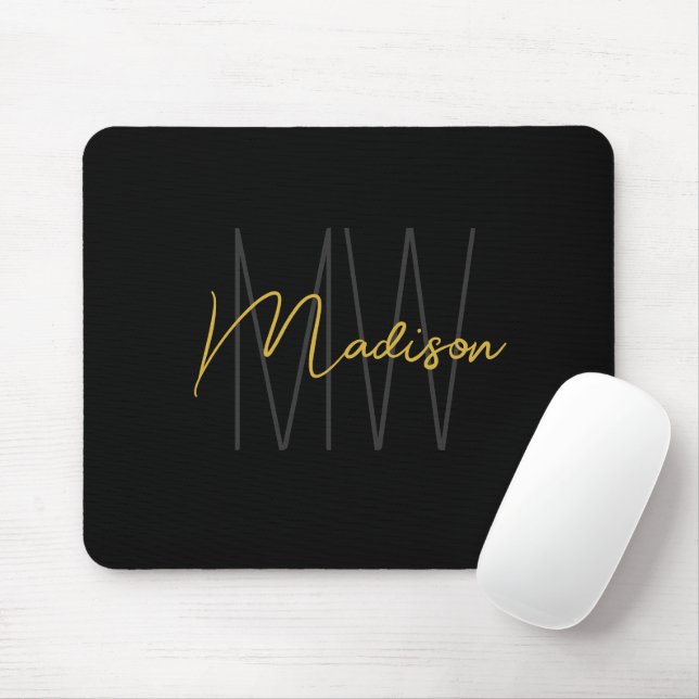 Modern Monogram Name Script Black Gold Mouse Pad (With Mouse)