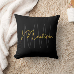 Modern Monogram Name Script Black Gold Throw Pillow