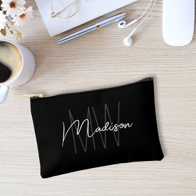 Modern Monogram Name Script Black White Accessory Pouch (Modern Monogram Name Script Black White Accessory Pouch)
