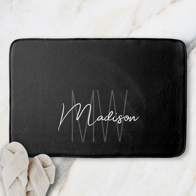 Modern Monogram Name Script Black White Bath Mat (Modern Monogram Name Script Black White Bath Mat)
