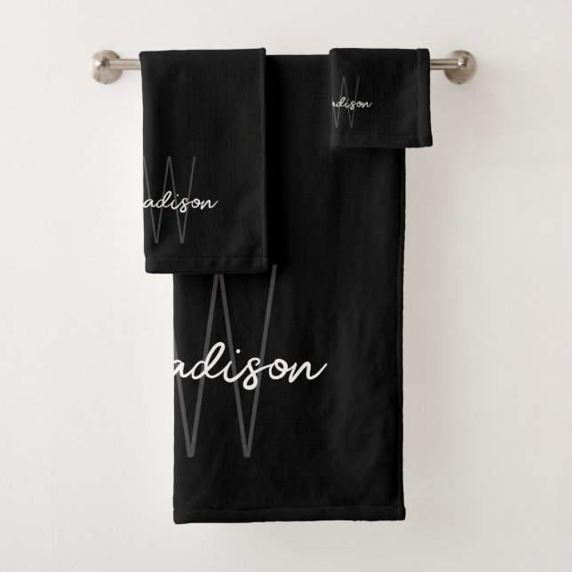Modern Monogram Name Script Black White Bath Towel Set (Insitu)