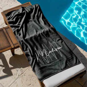Modern Monogram Name Script Black White Beach Towel