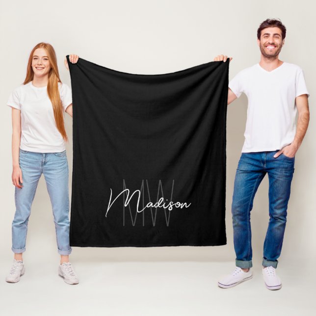 Modern Monogram Name Script Black White Fleece Blanket (In Situ)