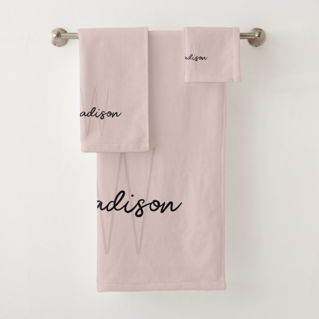 Modern Monogram Name Script Blush Pink Bath Towel Set (Insitu)