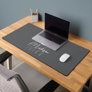 Modern Monogram Name Script Grey Desk Mat